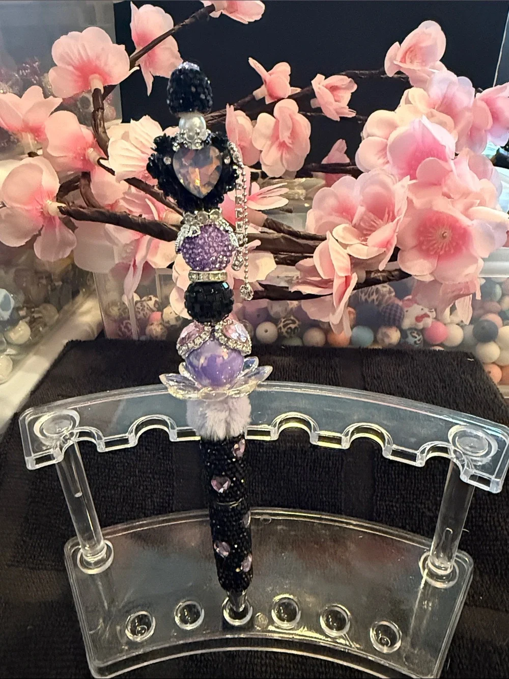 Handcrafted Black & Purple Decorative Pen with Heart Crystal Accent